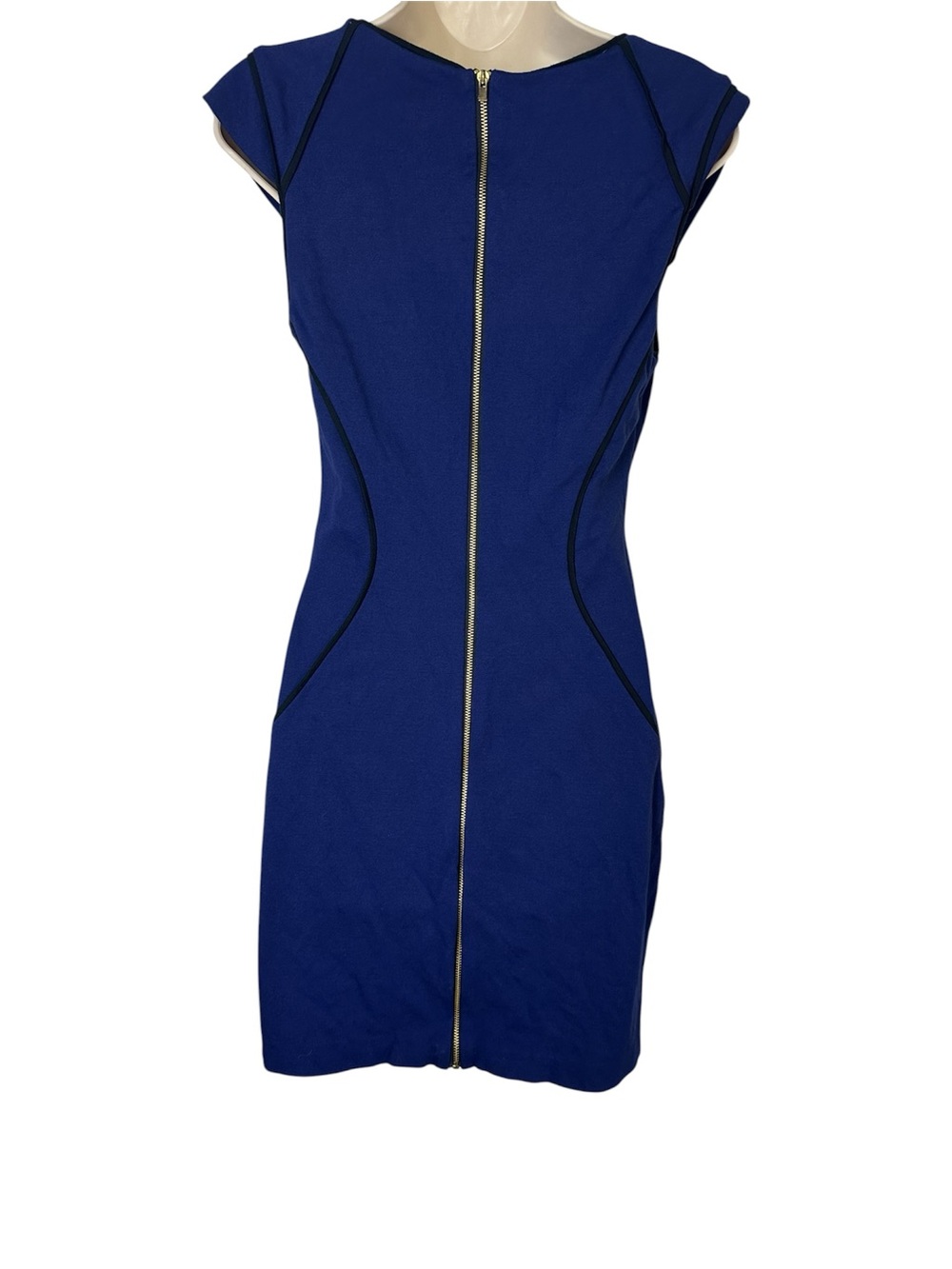 Express Royal Blue Scoop Neck Cap Sleeve Mini Dress with Black Piping - Picture 3 of 4